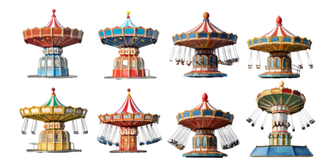 Colorful Carousel Rides on White Background for Amusement Parks