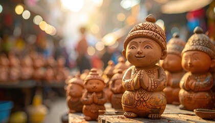 Clay Figurines with Praying Hands in a Bustling Market at Golden Hour Soft Light Warm Tones Detailed Texture