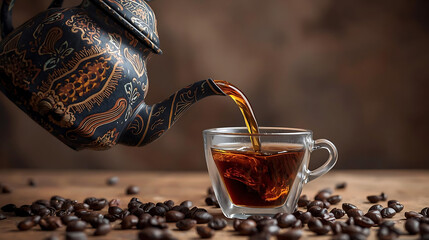 Indonesian batik-patterned teapot, brown, pouring caramel coffee into a glass, showing coffee flowing through the teapot into a horizontal cup with a blurred background of Indonesian luwak coffee bean