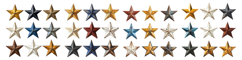 Fototapeta premium Colorful Metal Stars in Various Designs for Decorative Purposes, PNG bundle collection, Isolated on Transparent Background, PNG bundle collection, Isolated on Transparent Background
