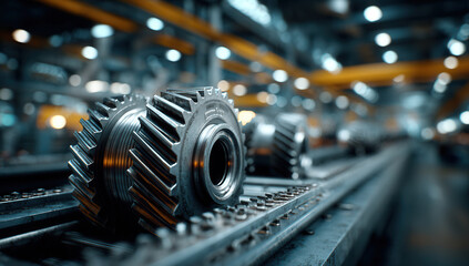 Fototapeta premium Metal gears on an industrial conveyor belt in a factory setting with blurred background of machinery