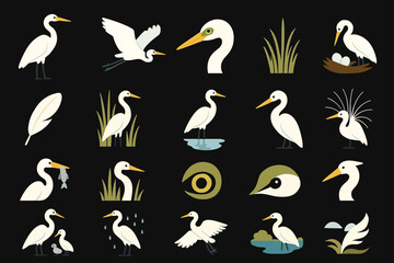 Egret Bird Illustration Set Nature Icons
