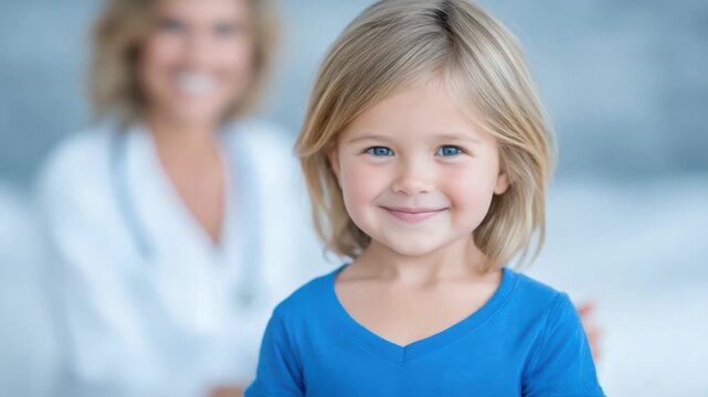 Happy child with blonde hair smiling confidently in a healthcare setting with a blurred caregiver in the background