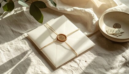 Translucent vellum wrap around a blank invitation with plain wax seal on natural linen subtle leaf shadow play and ceramic dish holding loose stamps unbranded