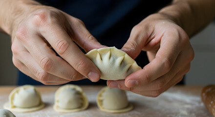 Mastering The Art Of Dumpling Preparation: Hands Skillfully Folding A Delicious Homemade Dumpling In A Bright Kitchen Environment