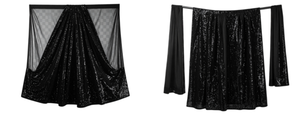 Contemporary Black Sequin Saree Hanging on Invisible Hanger, Transparent Background