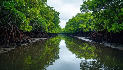 Tropical mangrove channel at extreme low tide exposed root architecture mirrored on glassy water under overcast softbox sky subtle greens and clean symmetry