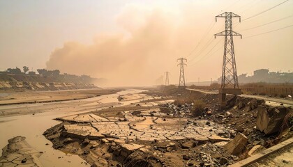 Vanished riverbed seen from a low bridge stranded pylons on cracked silt and a distant dust plume soft telephoto compression and neutral grading with copy space