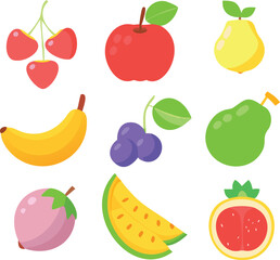 Various fruit icons arranged on a white background, showcasing different types and colors of fruit.