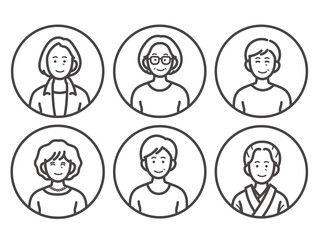 シニア女性のイラストアイコンセット　線画のみ