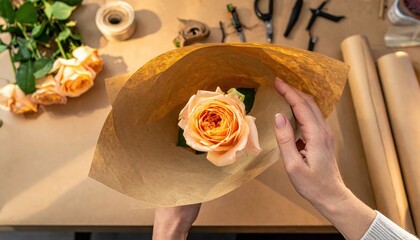 Adult hands cradling a peach spray rose under warm tungsten glow on a tidy florist bench delicate petals and craft details cozy mood with clear copy space for product or editorial.