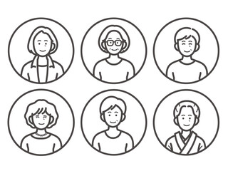 シニア女性のイラストアイコンセット　線画のみ