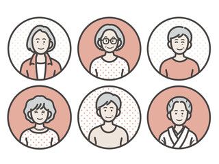 グレイヘアのシニア女性のアイコンイラストセット
