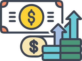 An icon showing a dollar bill and coin, stacked coins, and upward-pointing arrows, suggesting financial growth and investment success.