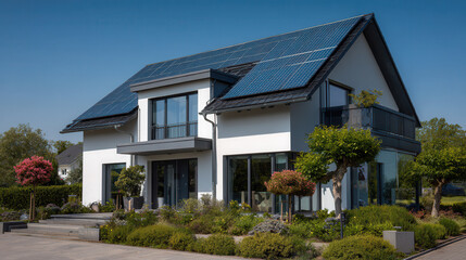 Modern eco-friendly house with solar panels surrounded by lush greenery and colorful plants in bright daylight