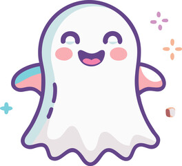 Cute cartoon ghost with a joyful expression, blushing cheeks, and small wings. Surrounded by colorful stars, it conveys a playful, whimsical mood.