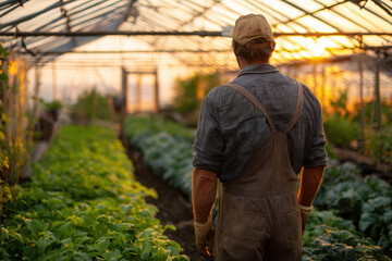 Obraz premium Farmer tending to plants in a greenhouse at sunset, showcasing the beauty of agriculture and nature's cycle