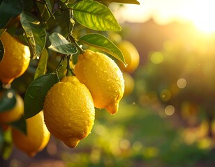 Golden sunset illuminating ripe, juicy lemons on a lush tree
