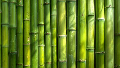 Fototapeta premium A vertical close up texture of a dense green bamboo forest with sunlight filtering through the stalks creating shadows