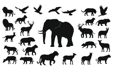 African Wildlife Silhouette Vector Set. Collection of Safari Animals including Elephant, Lion, Deer, and Various Birds. Concept for Nature Conservation, Zoo, and African Tourism.