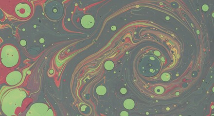 Abstract, swirled fluid art piece with circles & flowing patterns. Primarily red, green, and gray hues