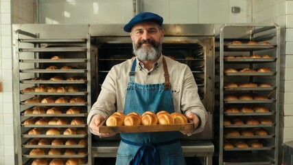 Proud baker presenting freshly baked rolls in a bakery setting with ovens and racks filled with bread creating a warm and inviting atmosphere for customers