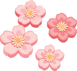 Illustration of four pink cherry blossoms with yellow centers on a white background. The flowers vary in size and convey a serene, joyful tone.