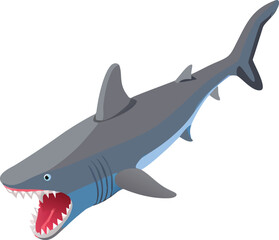 Illustration of a gray shark with an open mouth displaying sharp teeth. The shark is shown on a white background, conveying a dynamic, aggressive tone.