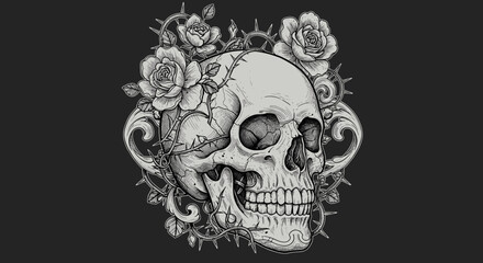 2D tattoo design of human skull with ornamental floral decorations, gothic line art, black and grey style, detailed and symmetrical composition.