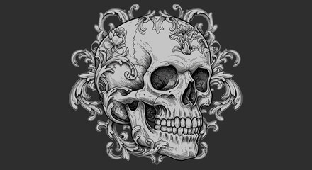 Fototapeta premium Ornate human skull illustration with intricate baroque floral patterns, detailed grayscale artwork representing mortality and decorative elegance, a vintage design
