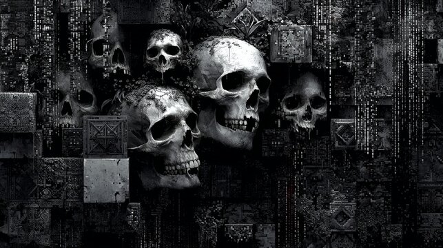 Seamless black and white skull pattern inspired by retro video game pixel art style, repeating horror background with minimal monochrome design and vintage 8-bit aesthetic texture