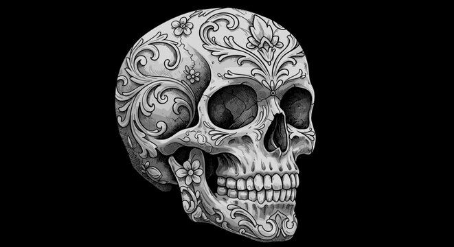 Ornate and Detailed Skull Illustration with Intricate Floral and Swirl Patterns
