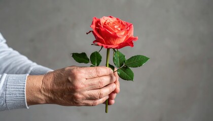 Hands offering a freshly cut garden rose with short stem and leaves against a smooth plaster background calm mid key light refined gesture with clean copy space for editorial use.