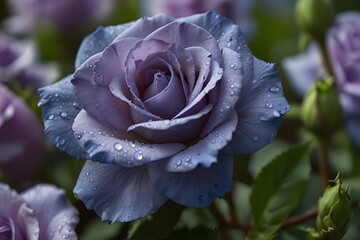 Close-up macro pink and purple roses with shimmering dew drops in the summer garden