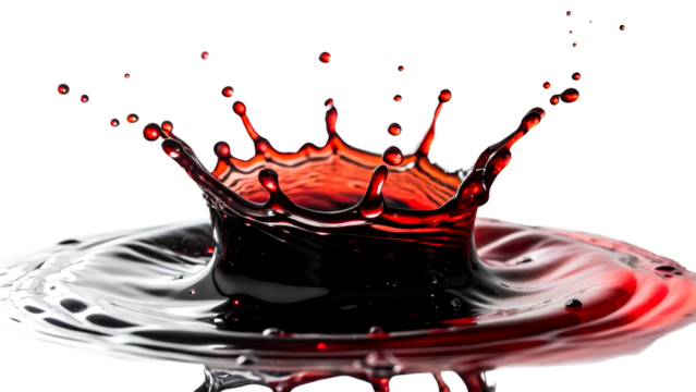 Red liquid splash with droplets captured mid-air