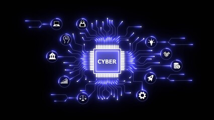 Central computer chip with glowing blue circuits and connected icons representing cyber security and technology