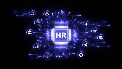 Digital hr technology network with glowing blue circuit board and icons on black background human resources