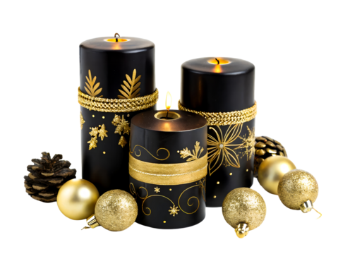 Three lit black candles with gold festive adornments
