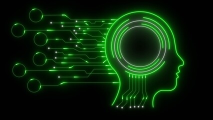 Glowing green neon human head profile with circuit board connections on black background image