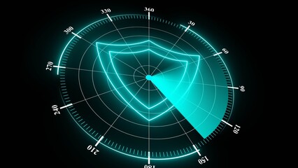 Glowing blue radar screen displaying a shield symbol with a scanning beam technology science
