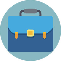 A minimalist illustration of a blue briefcase with a gray handle and yellow buckle, centered in a light blue circle, symbolizing business themes.
