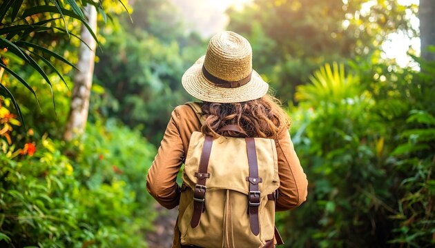 Woman hiker with straw hat and backpack amidst verdant, sunlit forest
