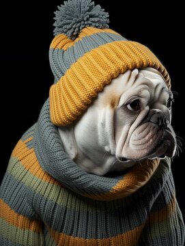 an adorable bulldog sporting a cozy woolly hat and a warm sweater. The clip is filmed for viral social media platforms , highlighting the dog's charming and humorous antics while dressed up.