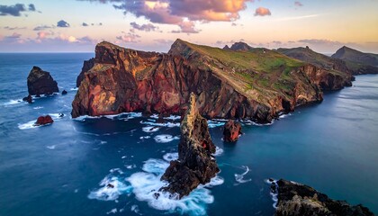 Aerial view of rocky coastline with rugged cliffs meeting ocean at sunset with cloudy sky