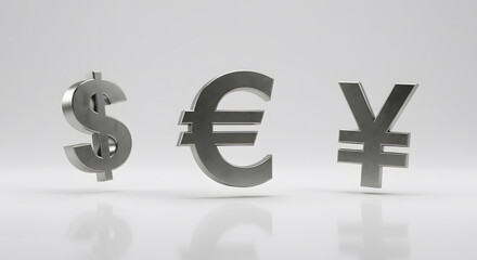 3D icons of global currency symbols dollar, euro, yen in metallic colors depict the interconnected global financial system