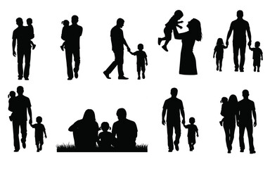 Family Silhouette Vector Set. Collection of Parents and Children, including Father Holding Son, Mother Raising Baby, and Families Walking Together. Concept for Parenthood, Love, and Childhood.