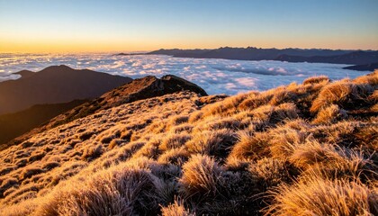 Alpine ridgeline above a sea of clouds at sunrise frost on grasses warm side light layered peaks and vast horizon pristine mountain scene with copy space for travel.