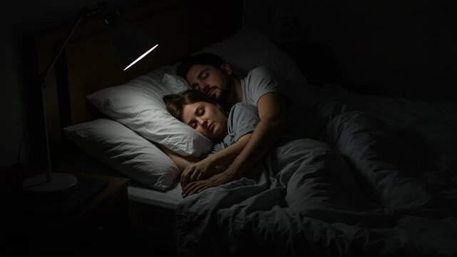 Couple sleeping peacefully in bed at night, warm lighting
