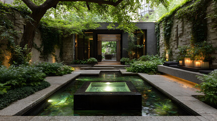 Modern Courtyard with Stepped Fountain and Lush Greenery