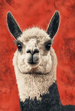 A fluffy white llama vibrant bold red background.
